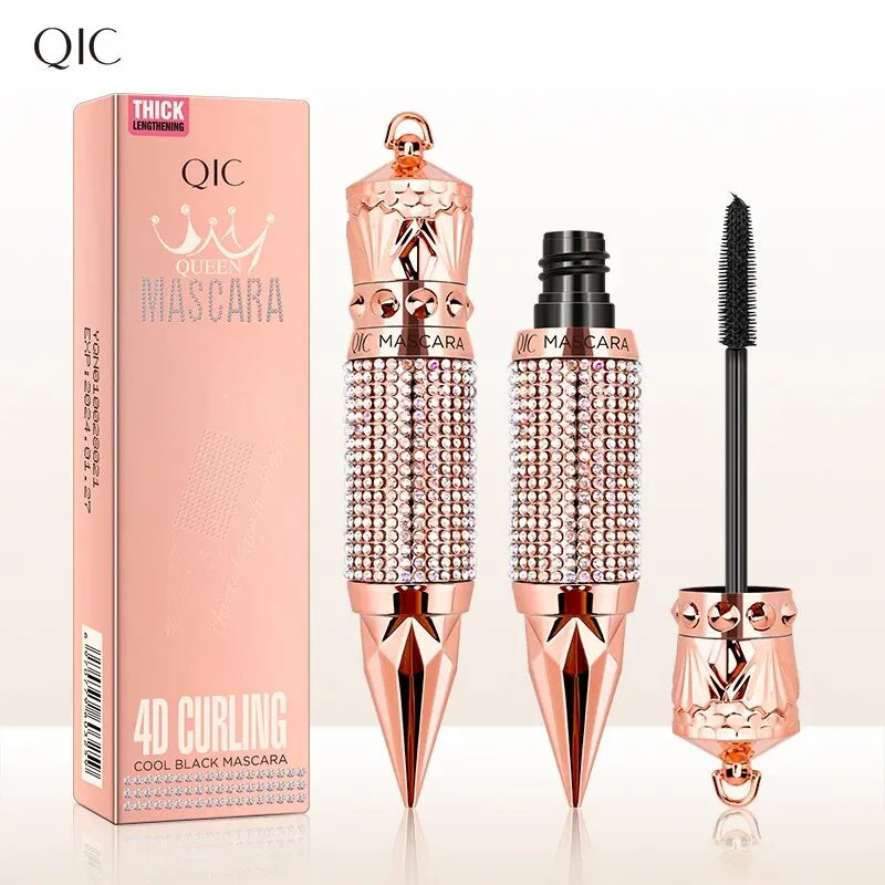 Mascara Waterproof Smudge Proof Elongate Eyelashes Makeup Tool, Natural Thick Curling, Rhinestone Decorative Shell Qme