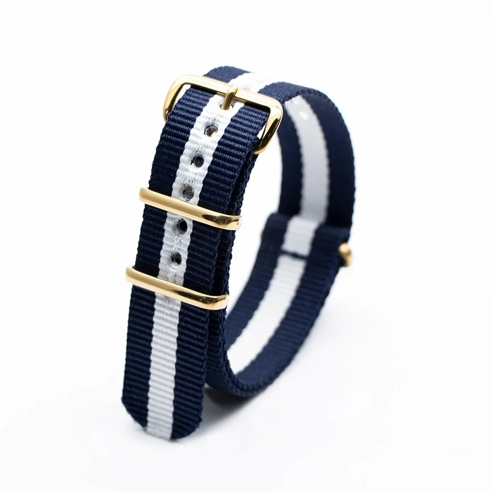 High Quality Luxury Striped Nylon Smart Watch Strap 18MM 20MM 22MM Gold Square Buckle Wear-resistant Woven Strap Qme 2Blue1White 18mm