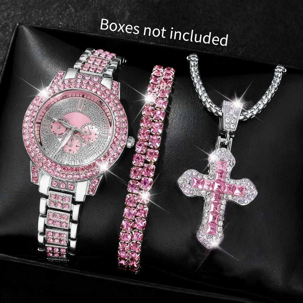 2026 2026 Spring Fashion Quartz Watch Accessories Set for Men and Women, Simple and Trendy Double Row Bracelet Cross Set Qme 3PCS Kit No Box