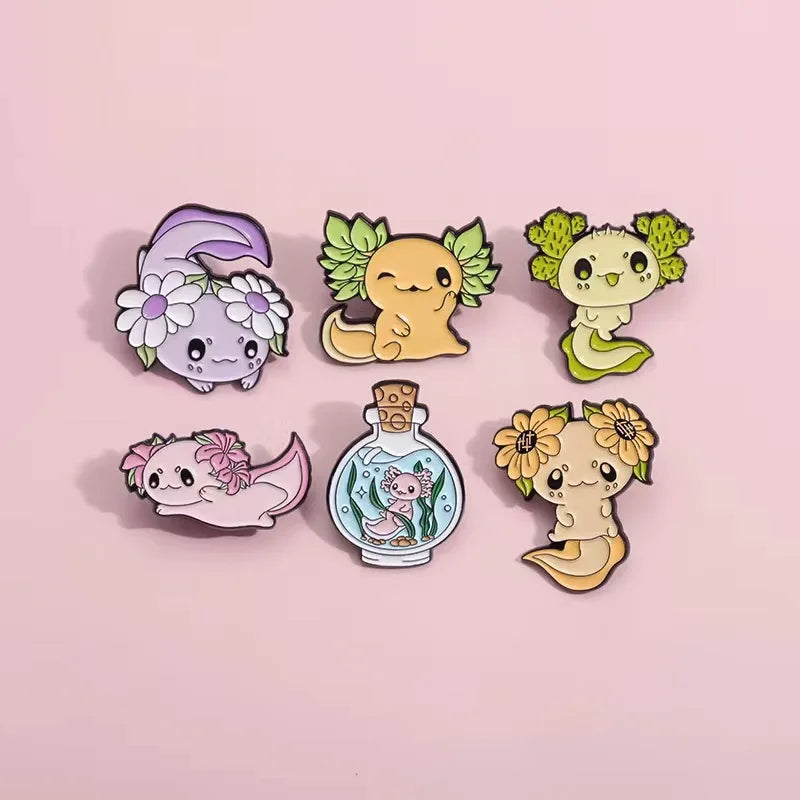 Cute Ocean Creatures Brooch Enamel Pins Cartoon Kawaii Axolotl Lapel Metal Badge Brooches for Backpack Jewelry Gift Qme