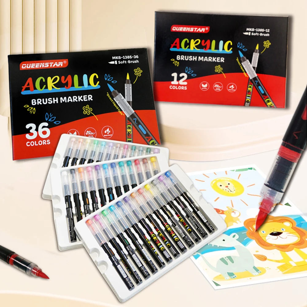 12/24/36/48 Colors Brush Tip Acrylic Paint Markers Non-toxic Quick Dry Art Pen for Fabric Wood Canvas Glass Rock DIY Craft Qme