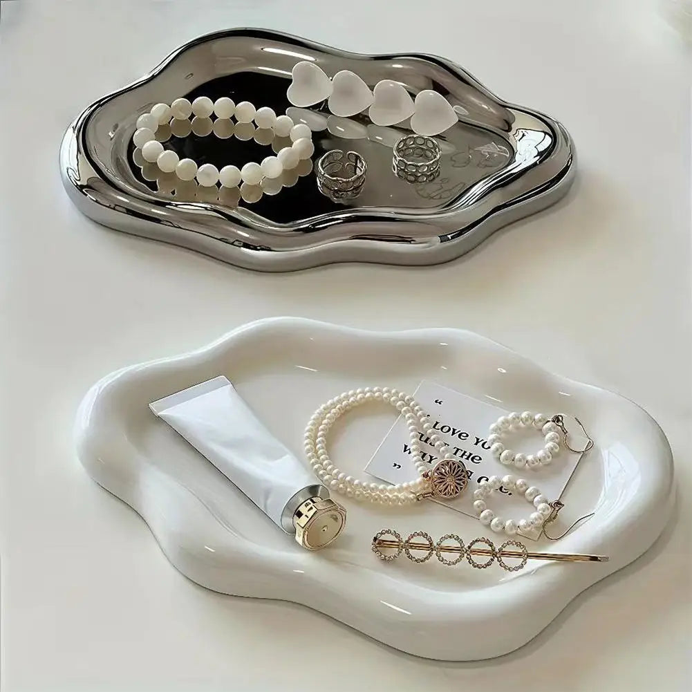 Simple Jewelry Storage Tray Creative White/silver Storage Tray Decorative Ornaments Electroplated Jewelry Tray Qme