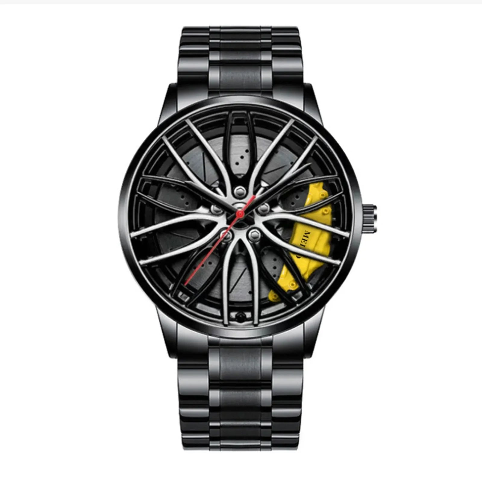 Car Watches For Men,Waterproof Stainless Steel Quartz Wrist Watch Sports Men’s Watches With Car Wheel Rim Hub Design Qme YELLOW