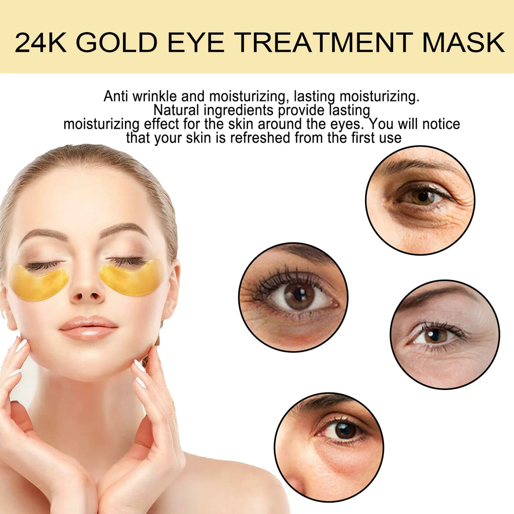24K Gold Eye Treatment Mask Remove Dark Eye Circles Firming Fade Fine Lines Anti-Aging Hyaluronic Acid Collagen Under Eye Mask Qme