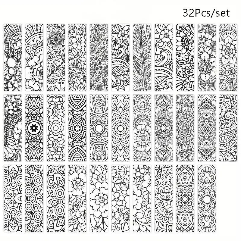 Flower Pattern Coloring Bookmarks DIY Blank Black Line Drawing Qme A1