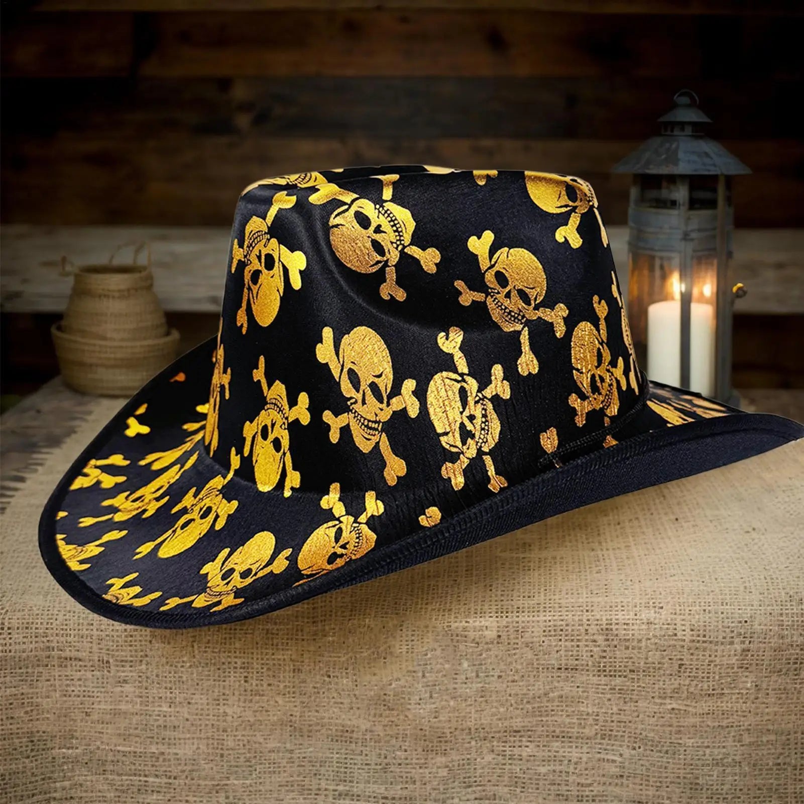 Western Cowboy Hat Skull Pattern Wide Brim Cowgirl Hat With Lanyard Dress Up Headwear For Masquerade Family Gathering Party Qme