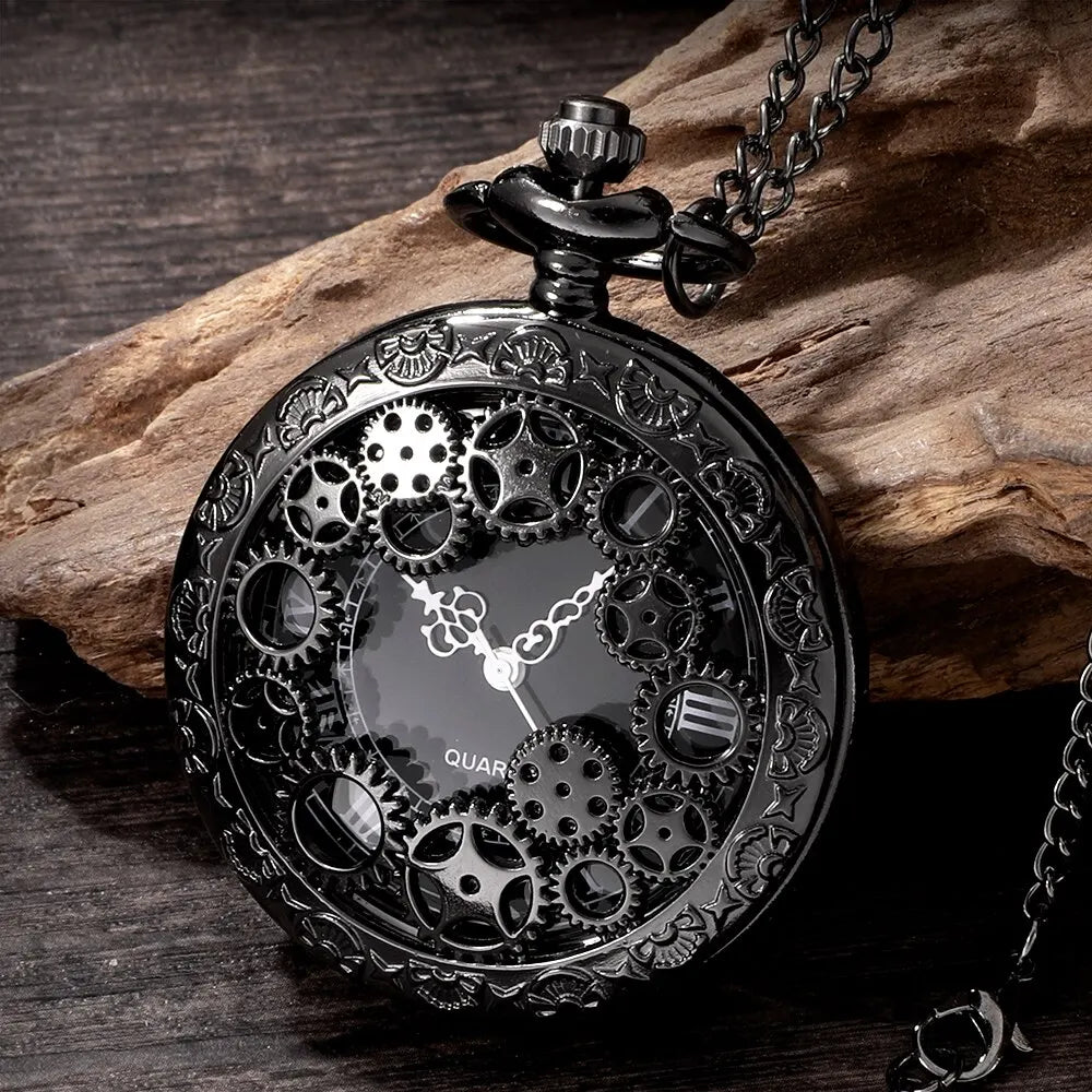 1pcs Punk Copper Retro Hollow Gear Hollow Quartz Pocket Watch Necklace Hanging Bracelet Men and Women with Chain Gift Qme