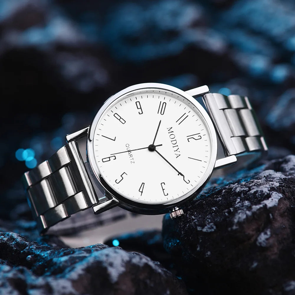 New Men's Fashion Business Steel Strip Watch Trendy High Beauty Quartz Watch Decorative Gift Watch Qme Silver