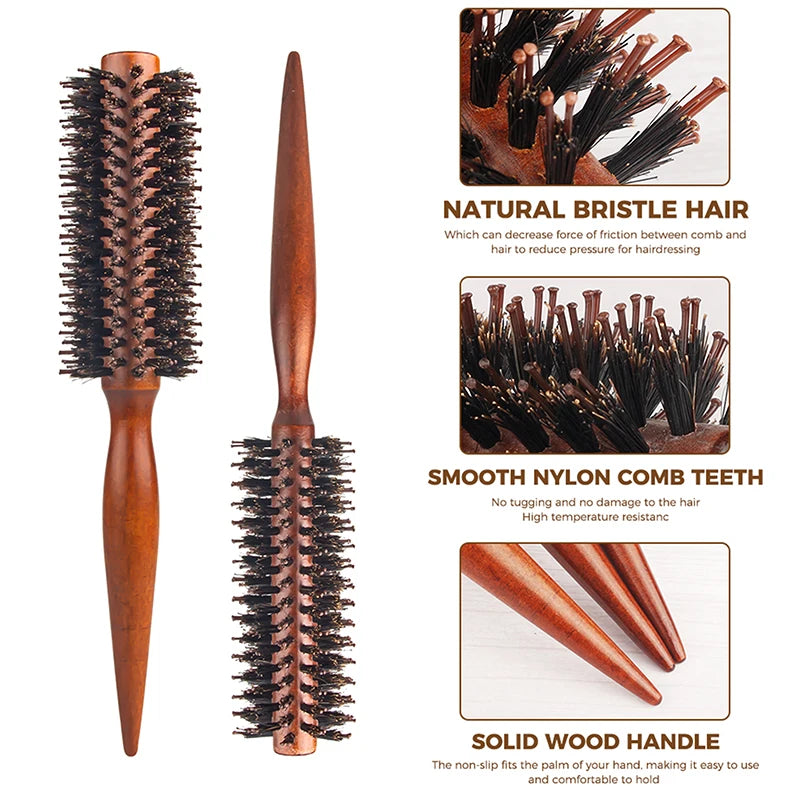 Anti Static Wood Boar Bristle Hair Round Brush Hairdresser Styling Qme