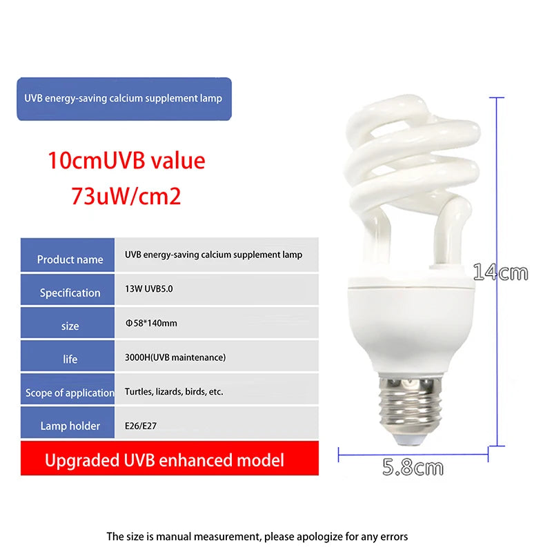 1 Piece 13/26W UV Rays Energy Saving Terrarium Basking Light 5.0 10.0 UVB Reptile Lamp Turtle Lizard Snake Reptiles Heating Lamp Qme UVB 5 13W
