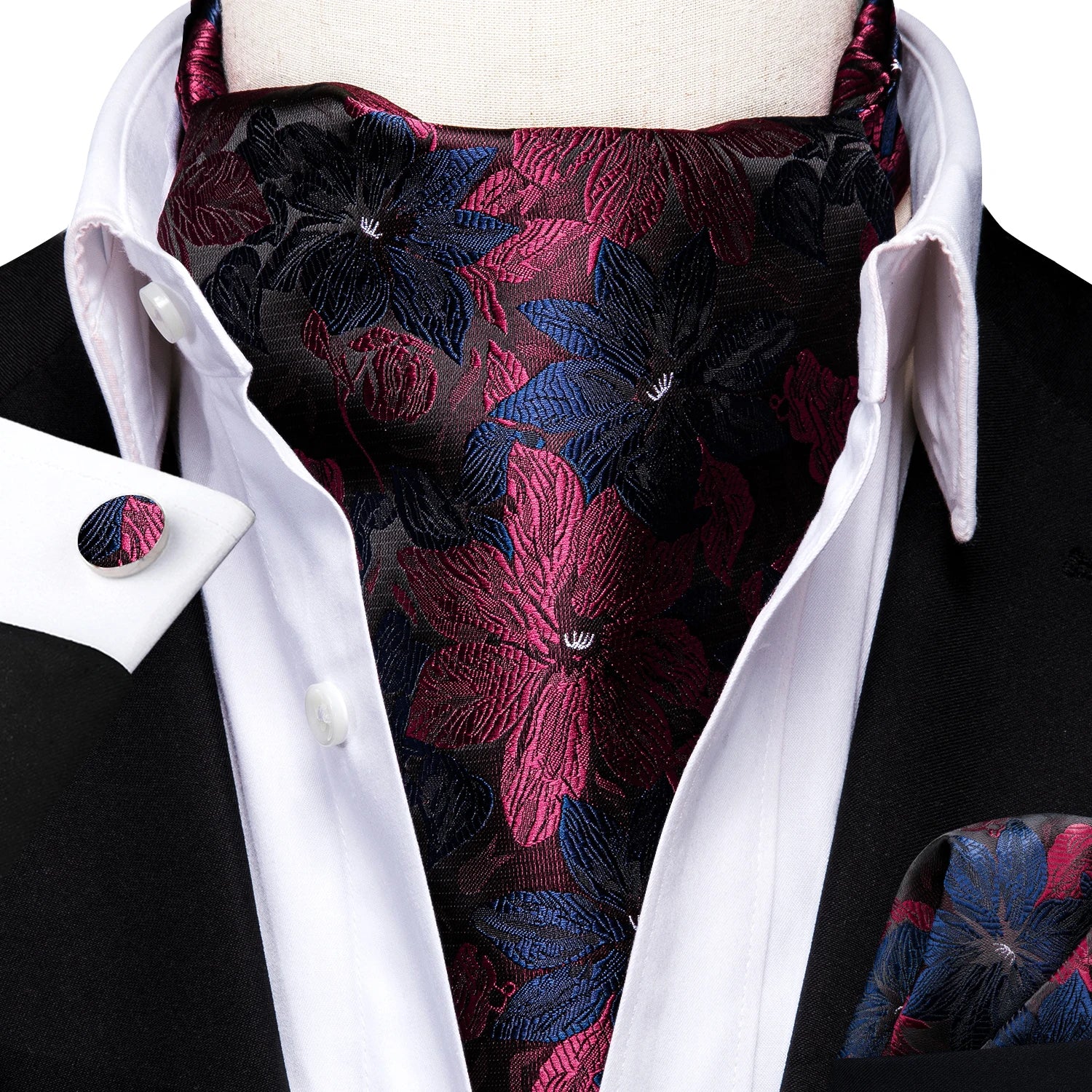 Hi-Tie Silk Mens Ascot Pocket Square Cufflinks Set Jacquard Paisley Floral Vintage Cravat Tie for Male Red Blue Green Gold Pink Qme AS-1055