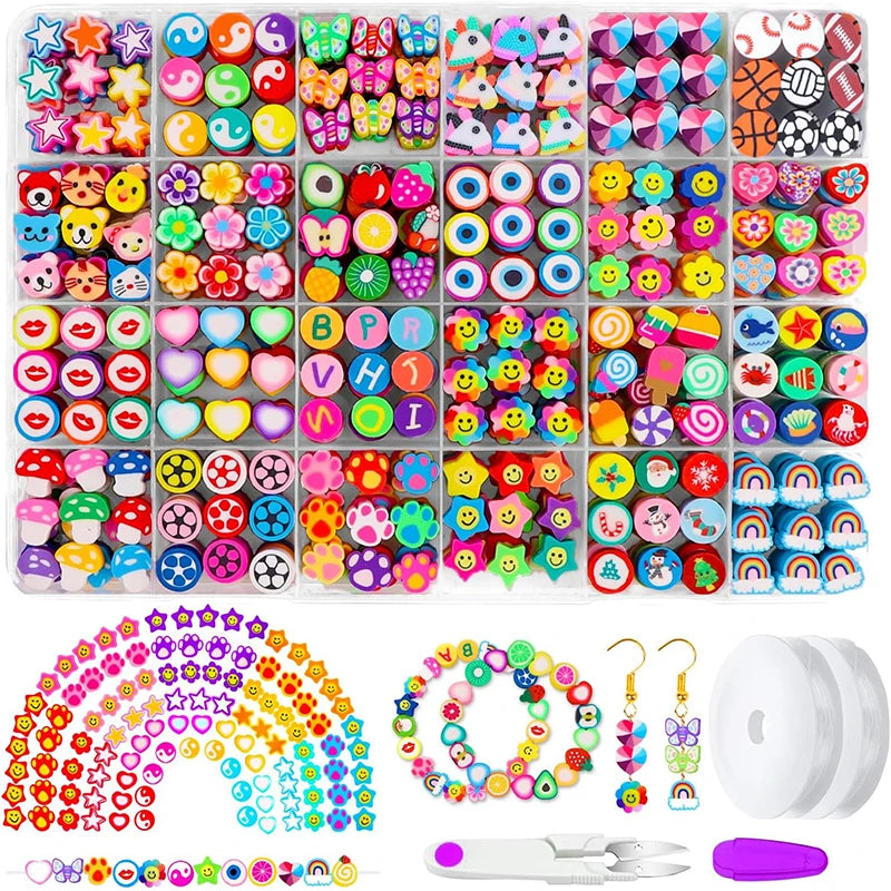 Polymer Clay Beads Kit 24 Styles Cute Fun Clay Beads Flower Butterfly Heart Letter Pony Beads for Bracelet Necklace Making DIY Qme 480PCS
