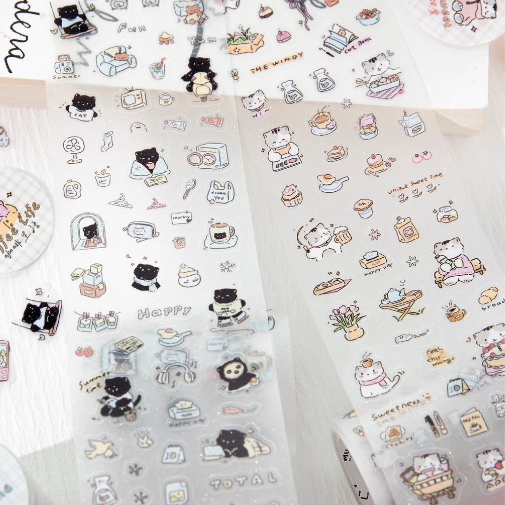 1 Roll Kawaii Lucky Cat Life Theme Glitter PET Tape for Background Decor Scrapbooking DIY Collage Phone Case Notebook Qme
