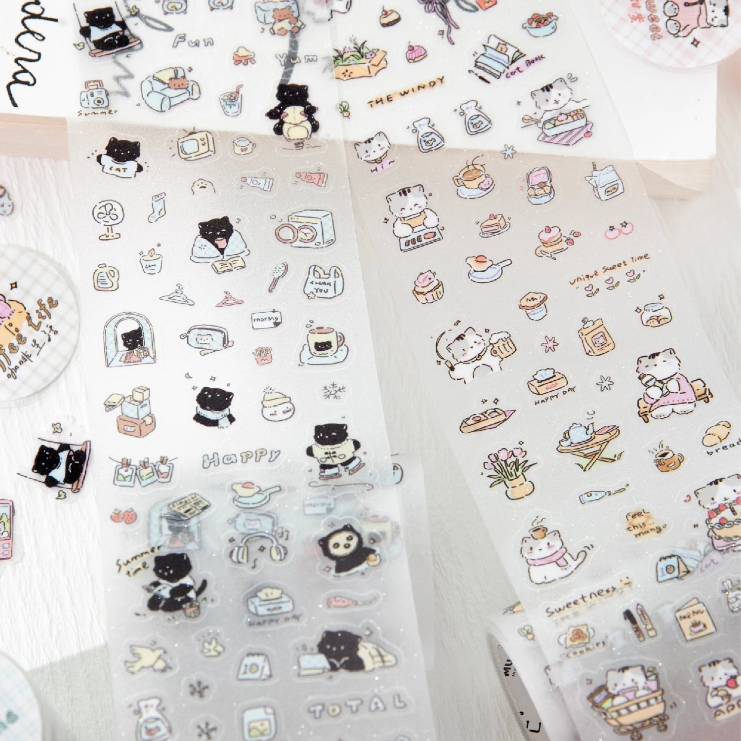 1 Roll Kawaii Lucky Cat Life Theme Glitter PET Tape for Background Decor Scrapbooking DIY Collage Phone Case Notebook Qme