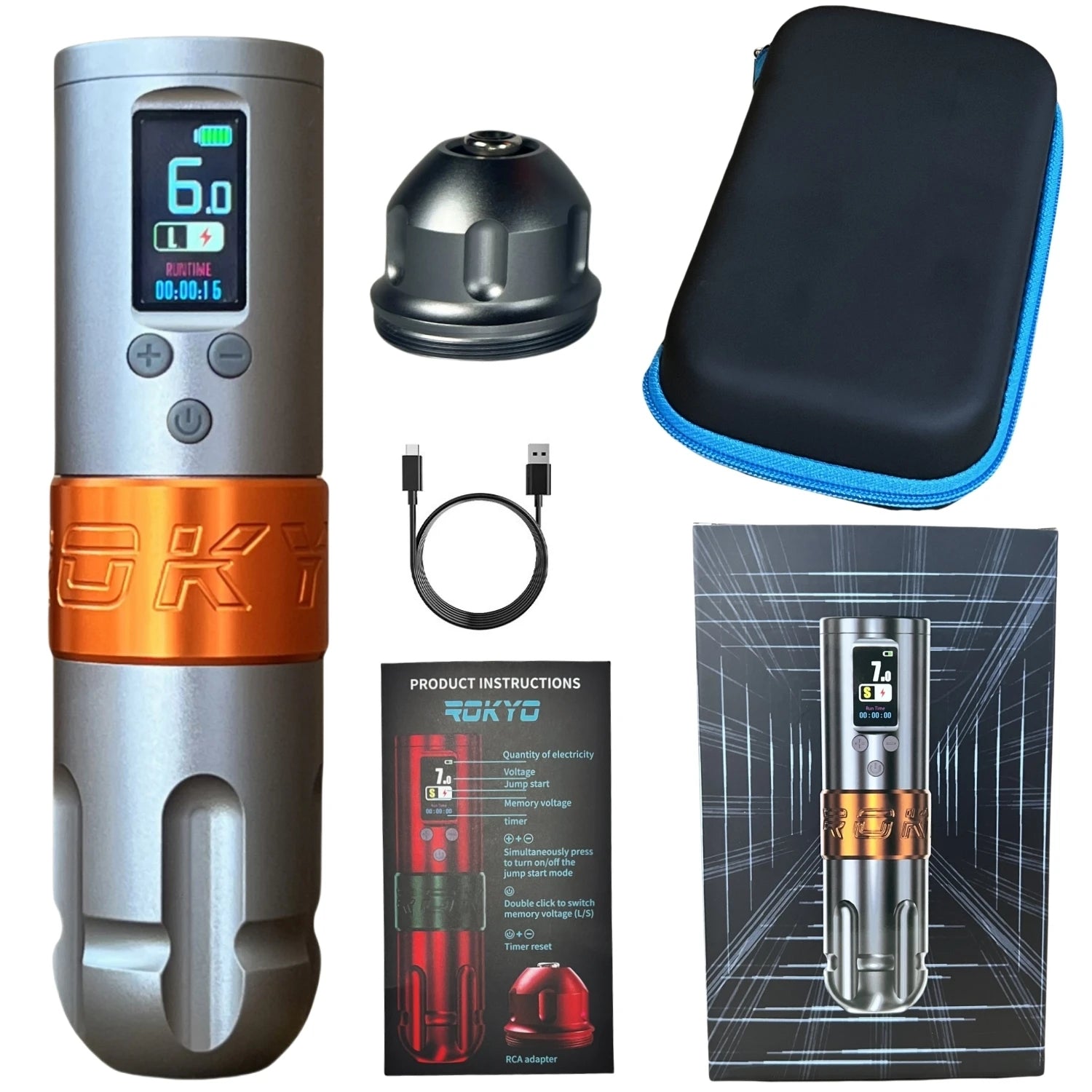ROKYO Direct Drive Wireless Tattoo Pen Machine 4.0mm Stroke 1600mAh Light Weight Brushless Motor Power For Liner Shading Tattoo Qme Grey One Battery USB Type-C