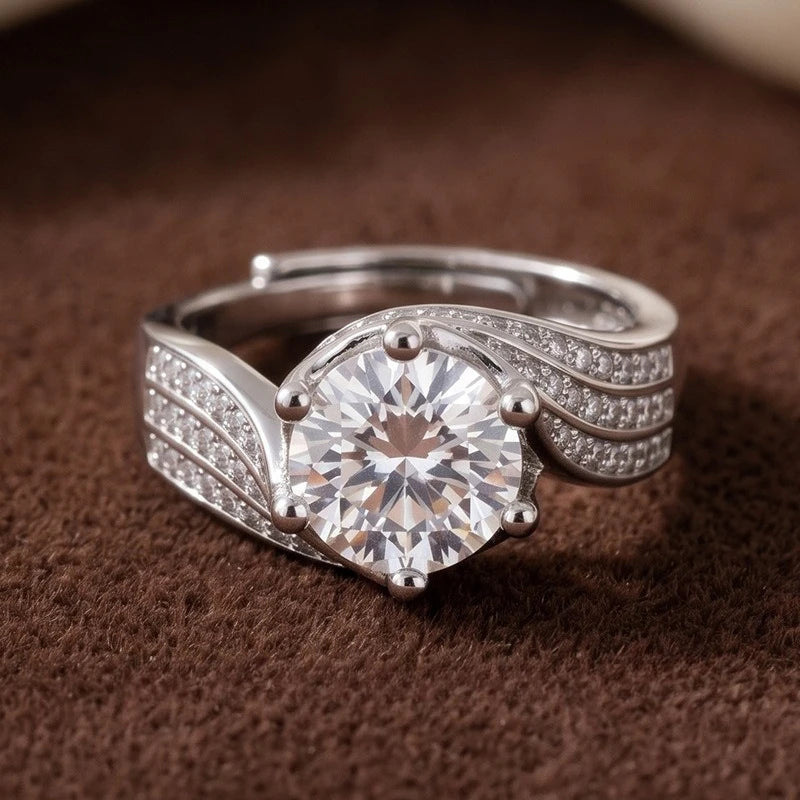 Twisted Split Shank 6 Prong Solitaire CZ Engagement Ring Adjustable Open Band Silver Tone Promise Wedding Ring for Women Qme