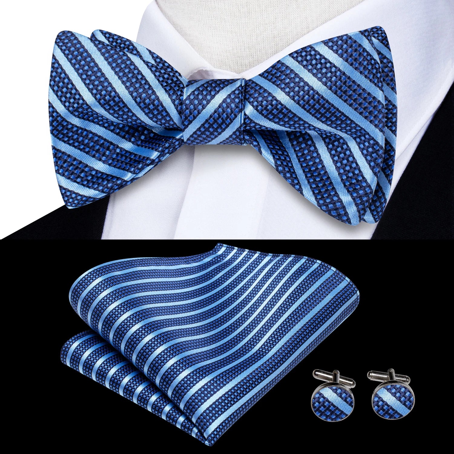 Hi-Tie Silk Mens Self Bow Tie Hanky Cufflinks Set Blue Red Gold Black White Male Jacquard Butterfly Knot Bowtie Wedding Business Qme LH-2061