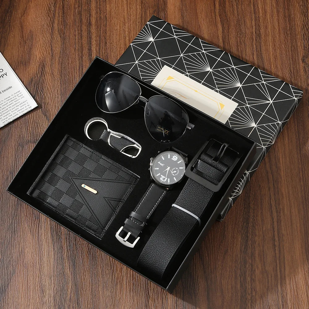 New Mens Watch Set with Gift Box 5 Pieces Key Chain Sunglasses Belt and Wallet Set for Men Gift for Him Boyfriend Dad Husband Qme black