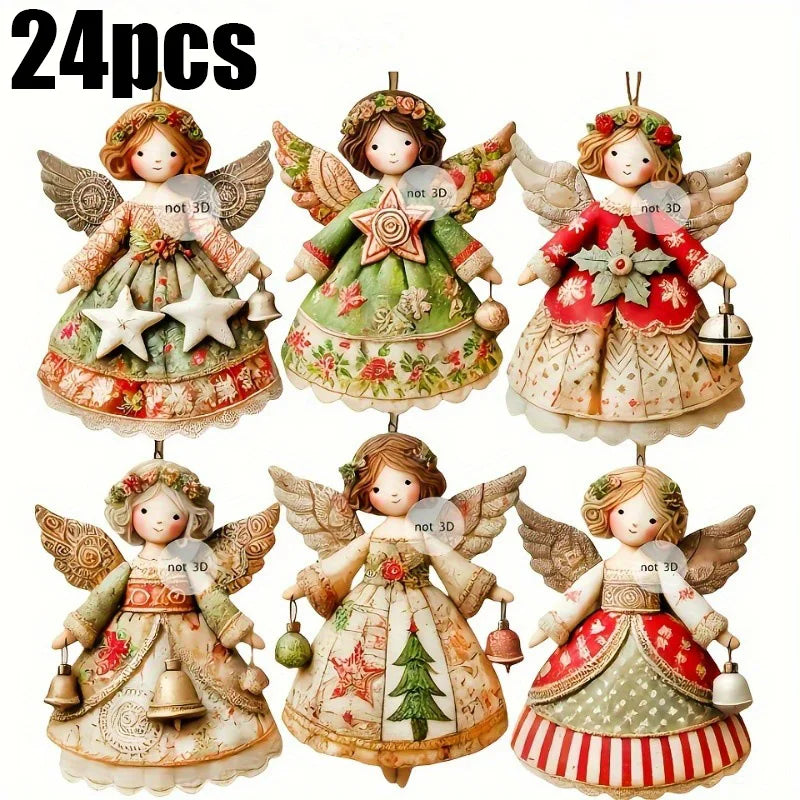 6-24pcs Rustic Retro Christmas Angels Decor Doll Pendant Wooden Angels Hanging Christmas Tree Ornament Christmas Angel Pendant Qme