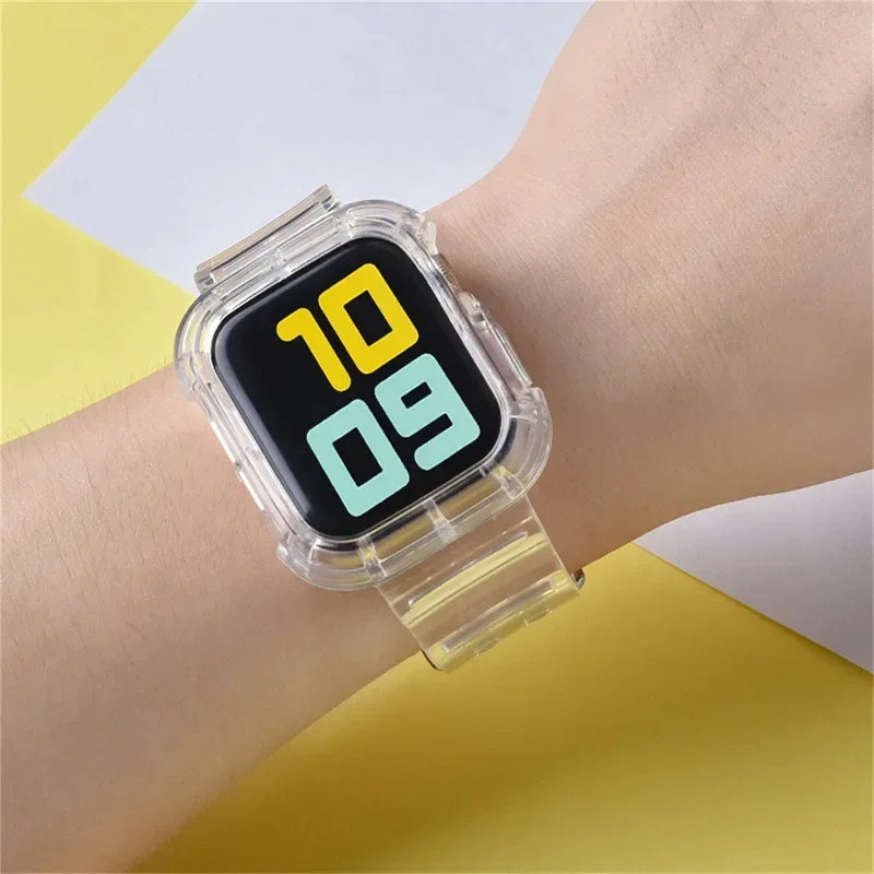 Clear Band + Case for Apple Watch Series 9 8 7 6 SE 5 49mm 45mm 44mm 42mm 41mm Transparent for iwatch 3 38mm 40mm Plastic Strap Qme