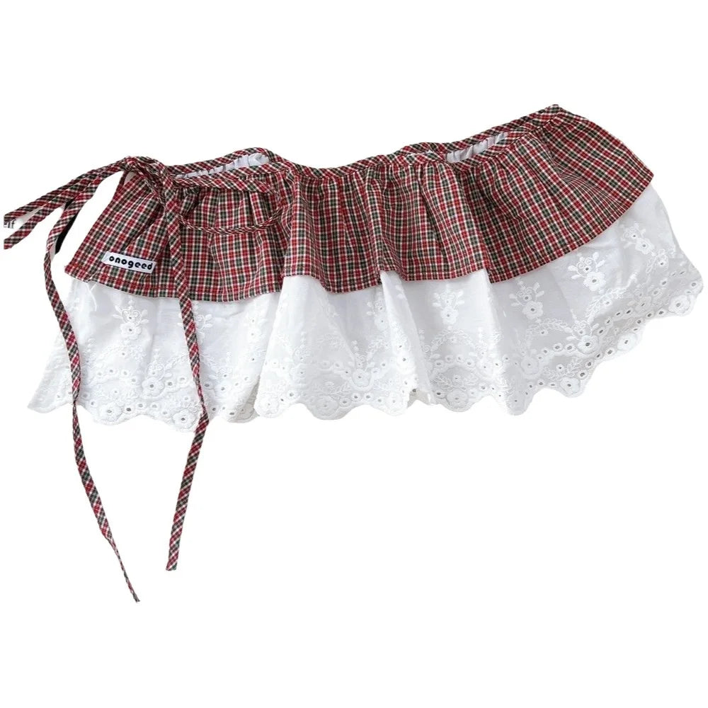 Sweet Balletcore Plaid Fart Curtain Korean Lace Up Mini Skirts Qme Style E