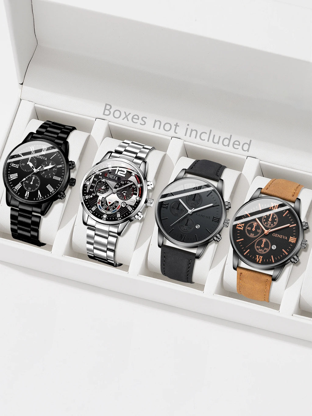 4Pcs Mixed Style Geneva Men Chronograph Watch Set Alloy Metal & Leather Strap Black Roman Dial Quartz Wristwatch Qme black