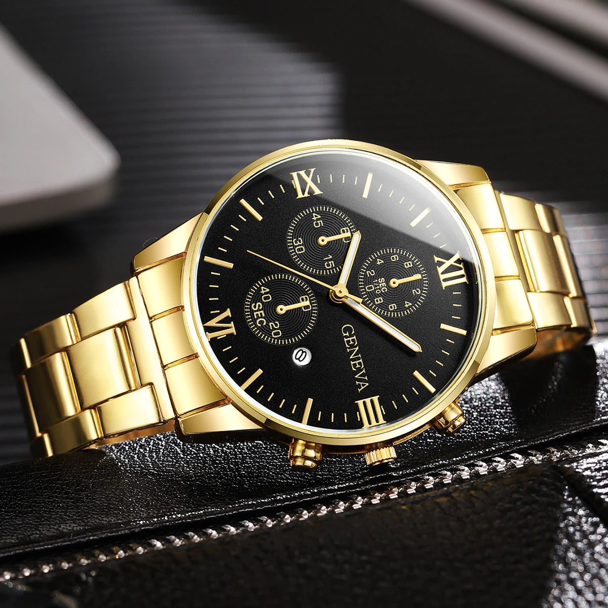 Men's steel strap watch with luminous hands, calendar stone hand, English watch, high-end feel, business watch, large dial Qme