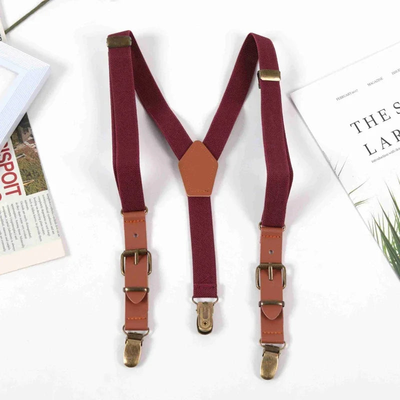 Kids Suspenders Tuxedo Y-back 3 Clips Adjustable Elastic Trouser Qme Burgundy