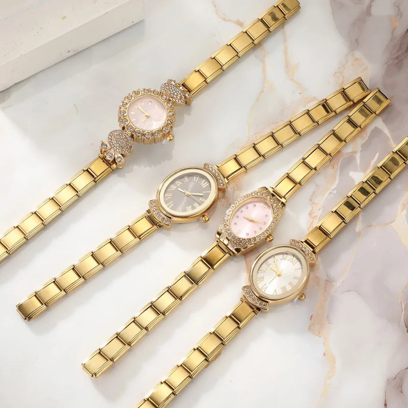 New2026 Vintage High Quality Oval Inlaid Zircon Stainless Steel Watch Bracelet Women's 9MM DIY Italian Charm Bangle Jewelry Gift Qme