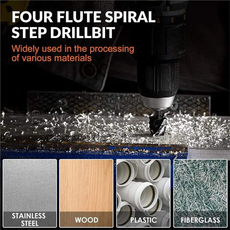 A02F-Step Drill Bit Set- Four Spiral Flute 3 Pcs HSS Bits(1/8" To 7/8") Unibit Design, 1/4" Shank Qme