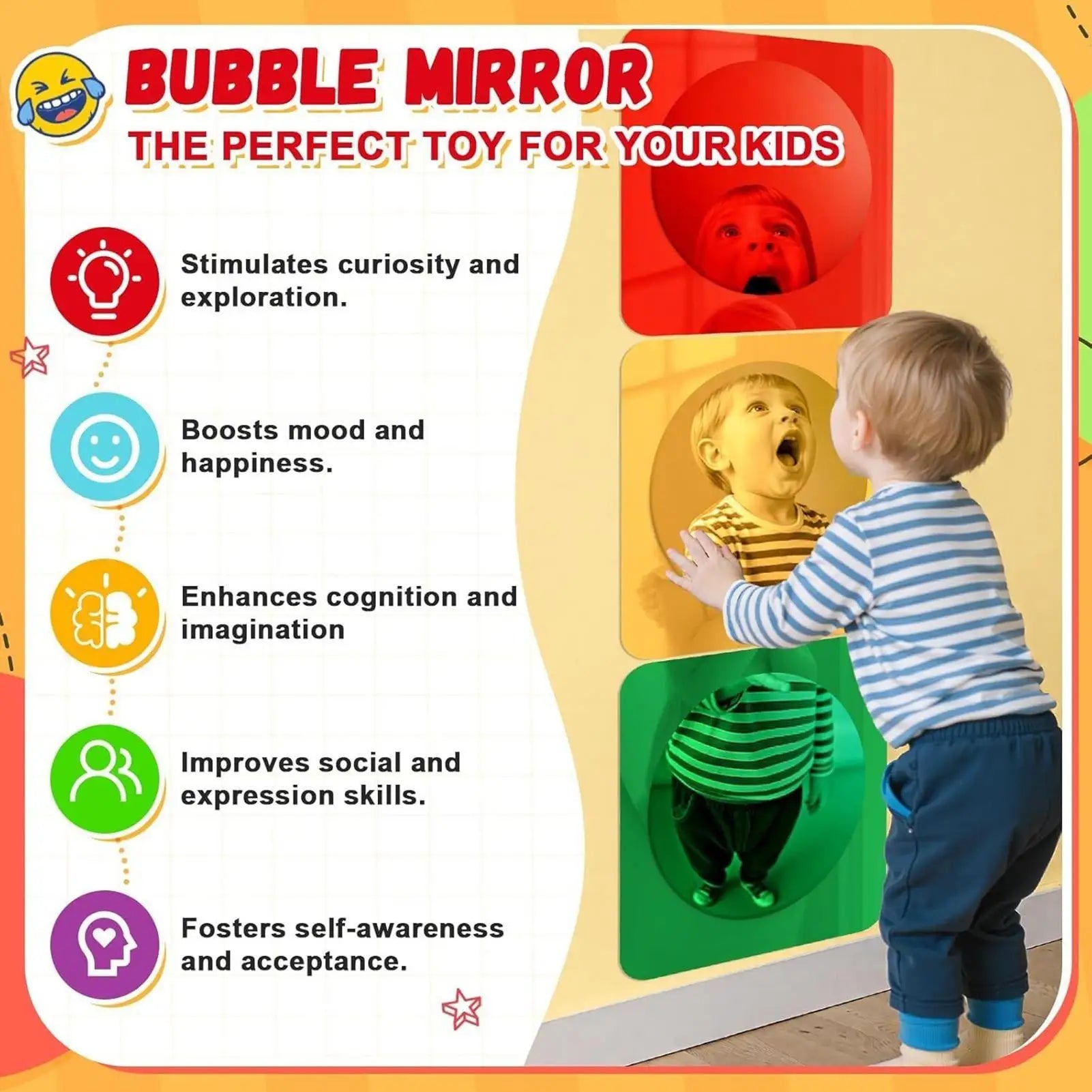 Kids Sensory Mirror 3-Piece Interactive Home Decor Toddler Acrylic Qme