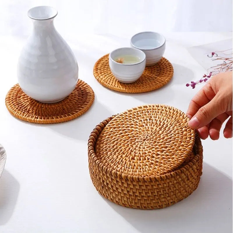 Placemat Pad Coasters Kitchen Table Mats Rattan Coaster Bowl Mats Padding Mat Insulation Pad Round Placemats Woven Hand-made Qme