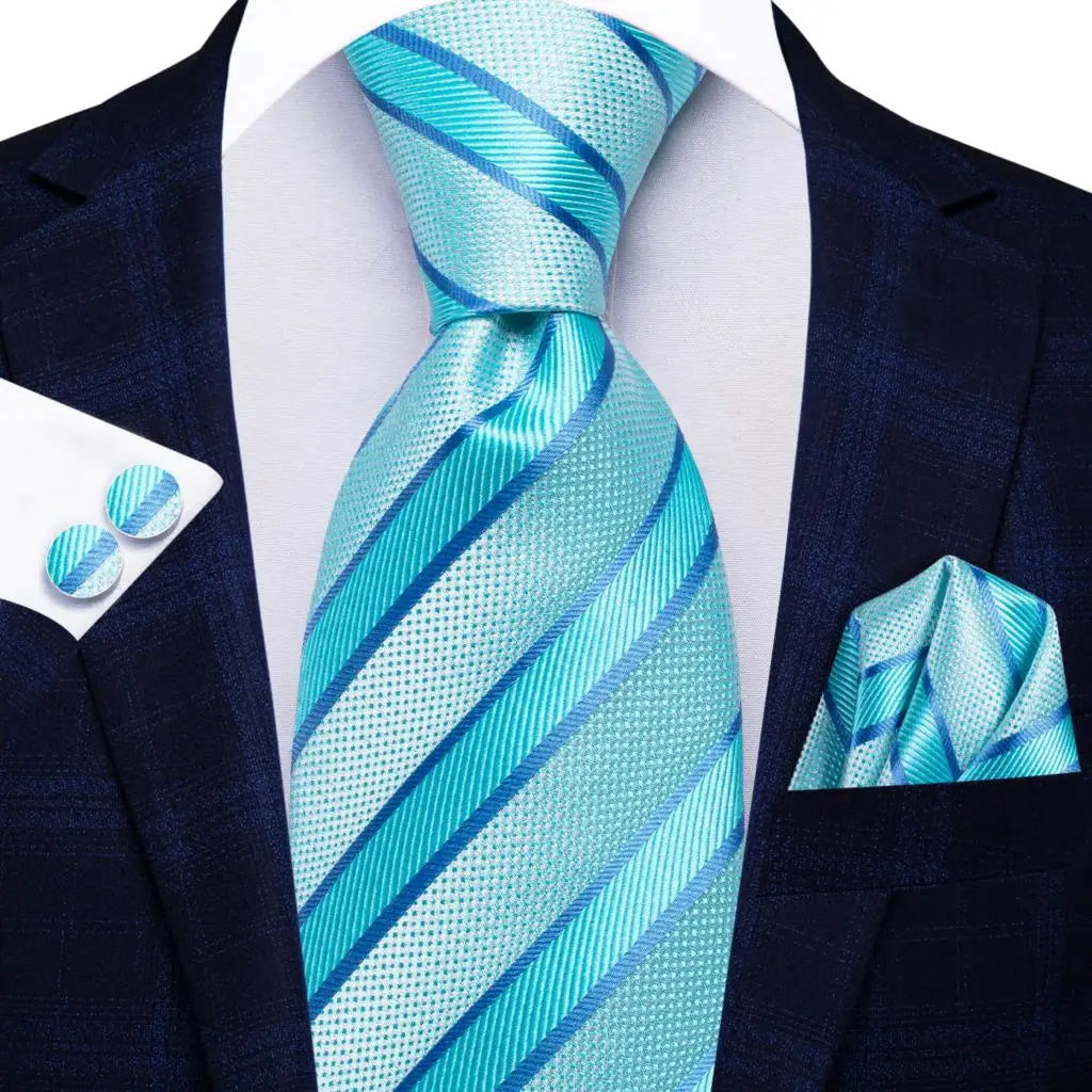 Hi-tie Men Fashion Striped Navy Blue Necktie Handkerchief Cufflinks Qme 3746