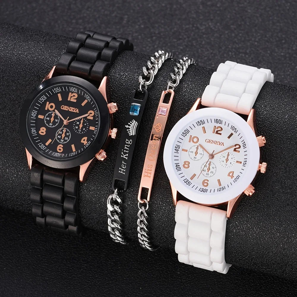 2Pcs Luxury Women's Watch Set Fashion Luxury Elegant Alloy Wristwatch Silicone Strap Couple Watch Men Quartz Holiday Gifts Qme Watch Jewelry Set