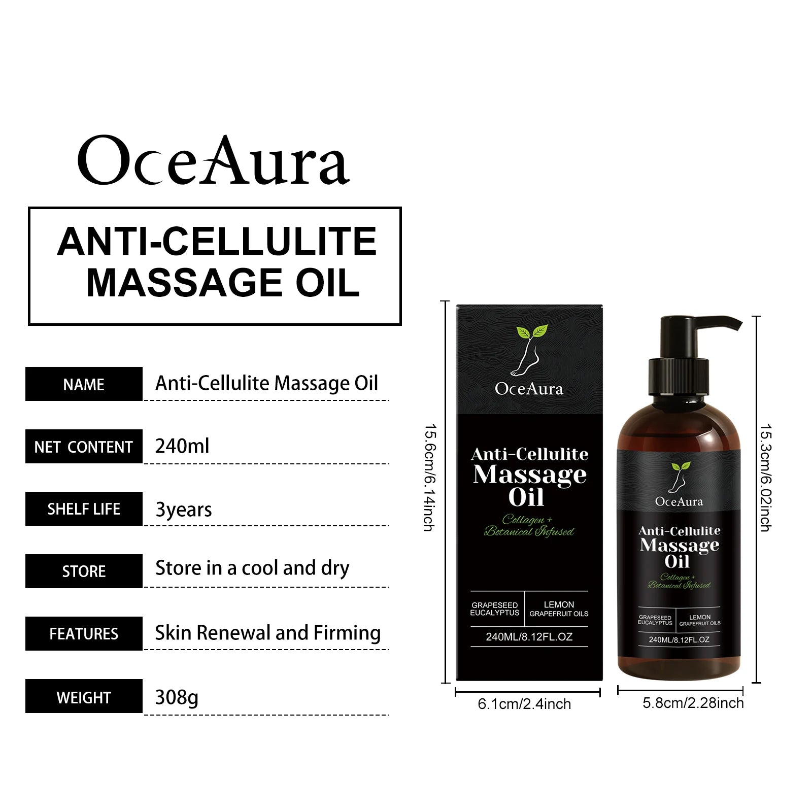 Oceaura Anti-cellulite Massage Oil Fast Absorbing Skin Firming Qme