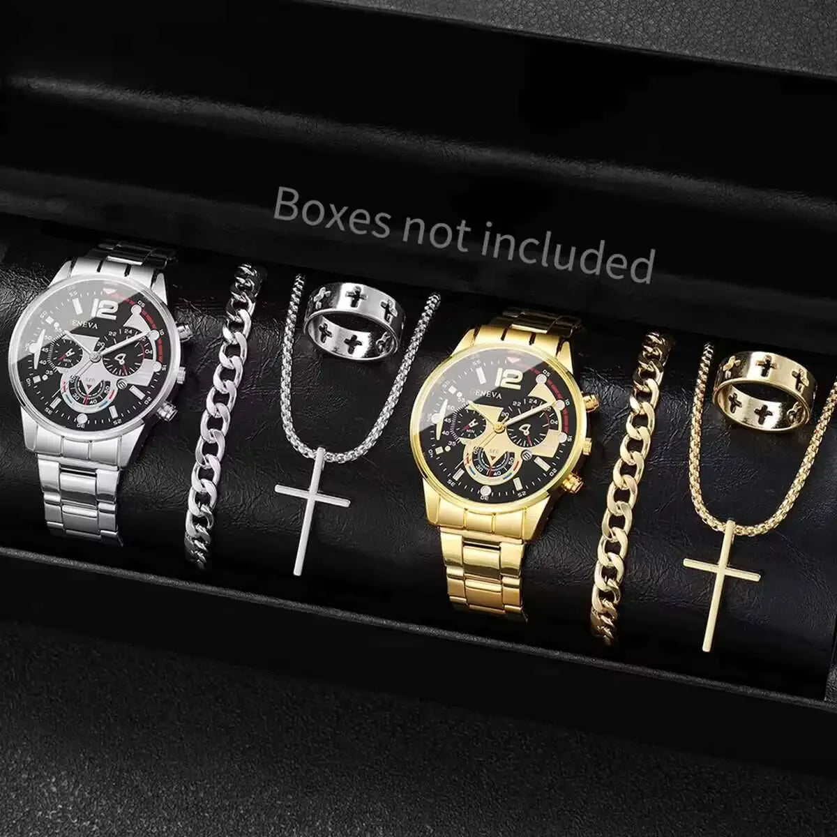 Business Men's Watch Calendar Watch Men's Steel Belt Watch Cross Bracelet Set Trendy Men's Accessories Qme