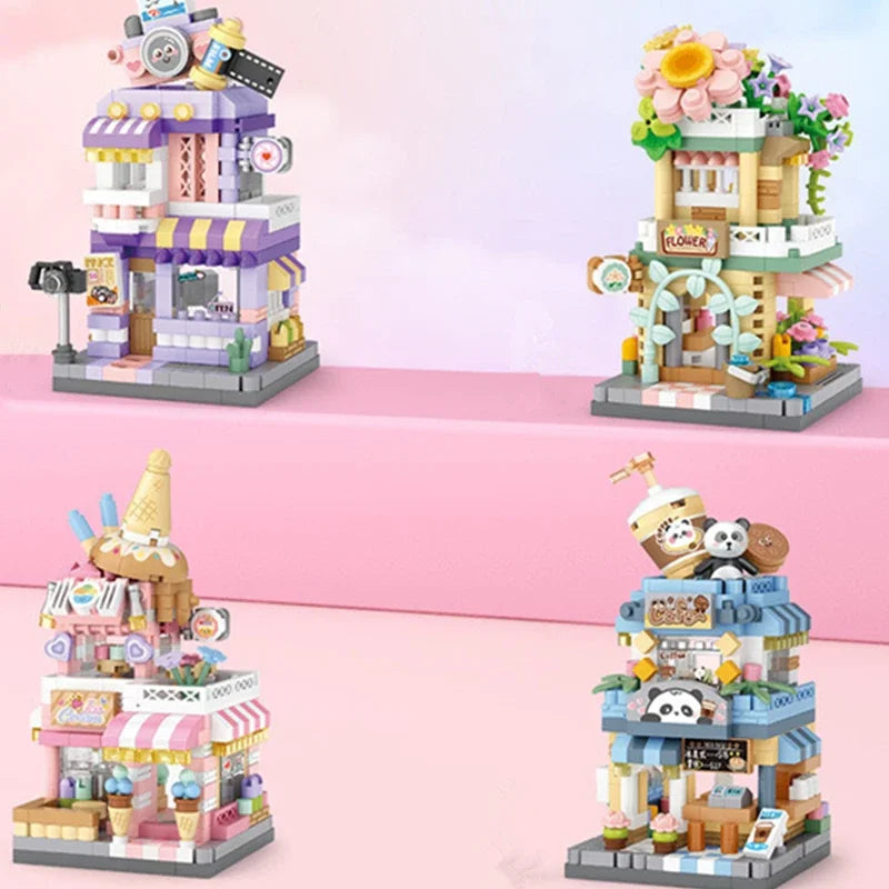 Restaurant Dessert Coffee Pet Fruit Store Street View Food House Building Blocks Kit Girls Bricks Model Kids Boy Toy Child Gifts Qme