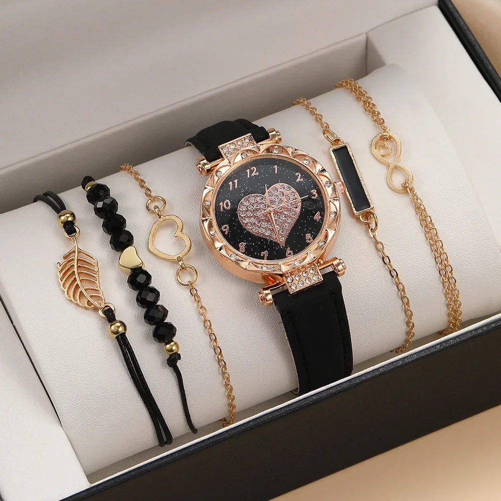 Conjunto de relógio de pulso analógico de couro feminino, pulseira de quartzo feminino, moda feminina, 6pcs Qme Boxes not included 8
