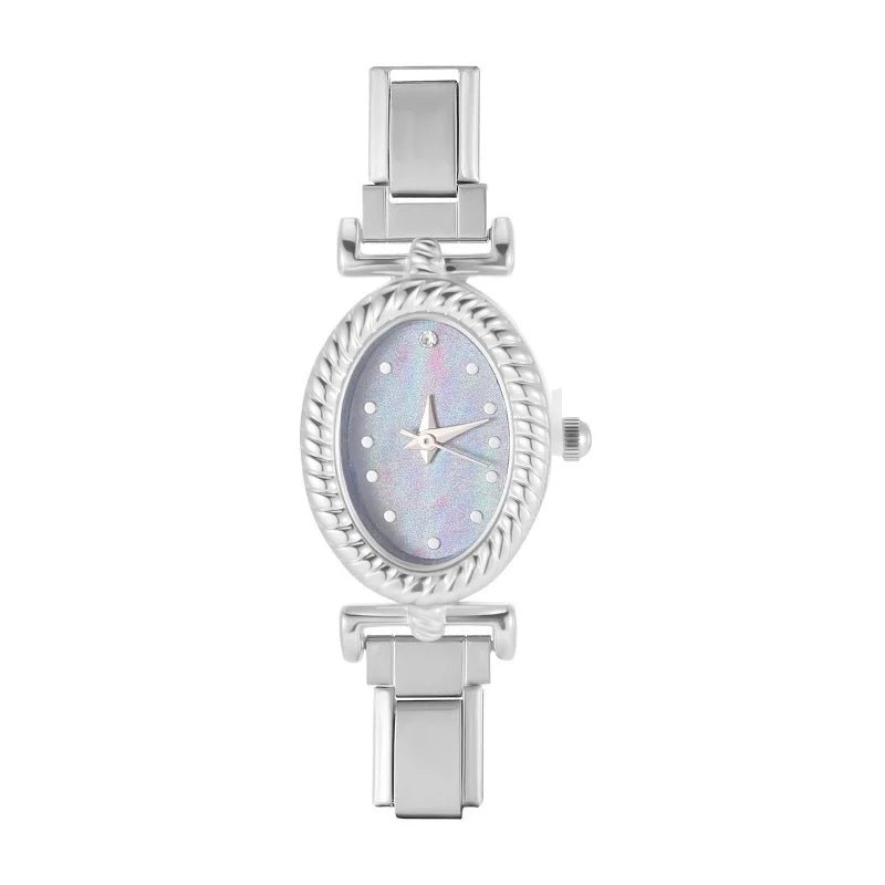 2025New Vintage High Quality Oval Inlaid Zircon Stainless Steel Watch Bracelet Women's 9MM DIY Italian Charm Bangle Jewelry Gift Qme Style 33