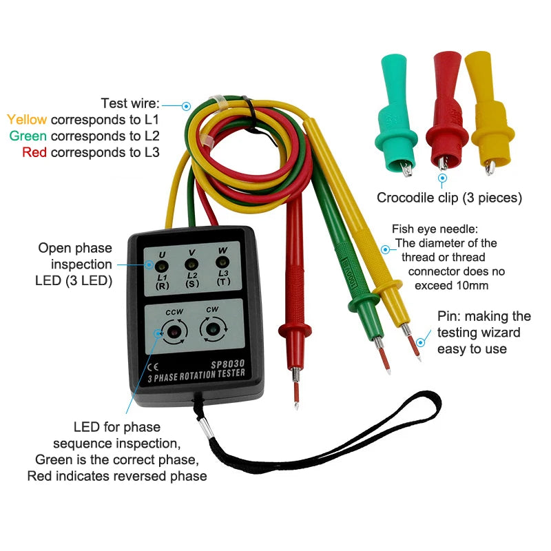 3 Phase Alternating Current Phase Meter Phase Detector Rotation Tester Phase Indicator Digital Phase-order Indicator. Qme