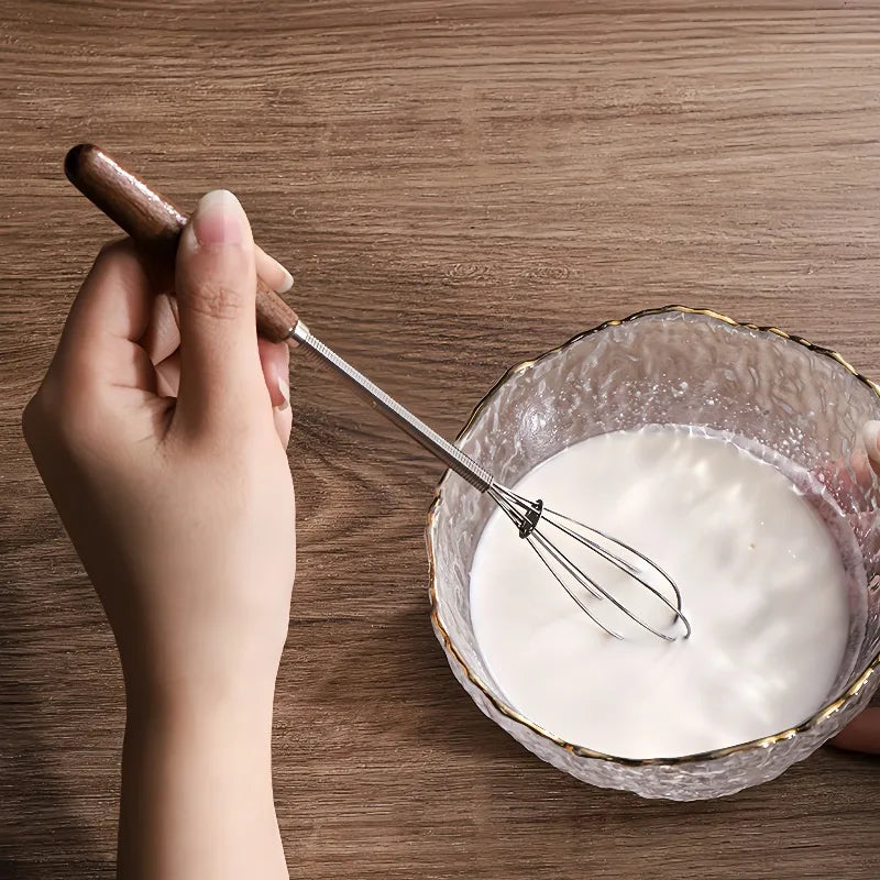 Stainless Steel Agitator Whisk Solid Wood Handle Mini Whisk Portable Manual Whisk Multifunctional Milk Frother Kitchen Tools Qme