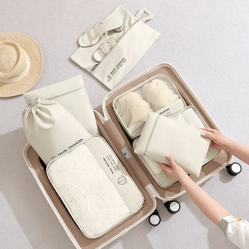 A QX2E 6 Pieces Travel Luggage Organizers Set Packing Cubes with Shoe Bag Cosmetics Accessories Waterproof Toiletry for Qme 7pcs set beige