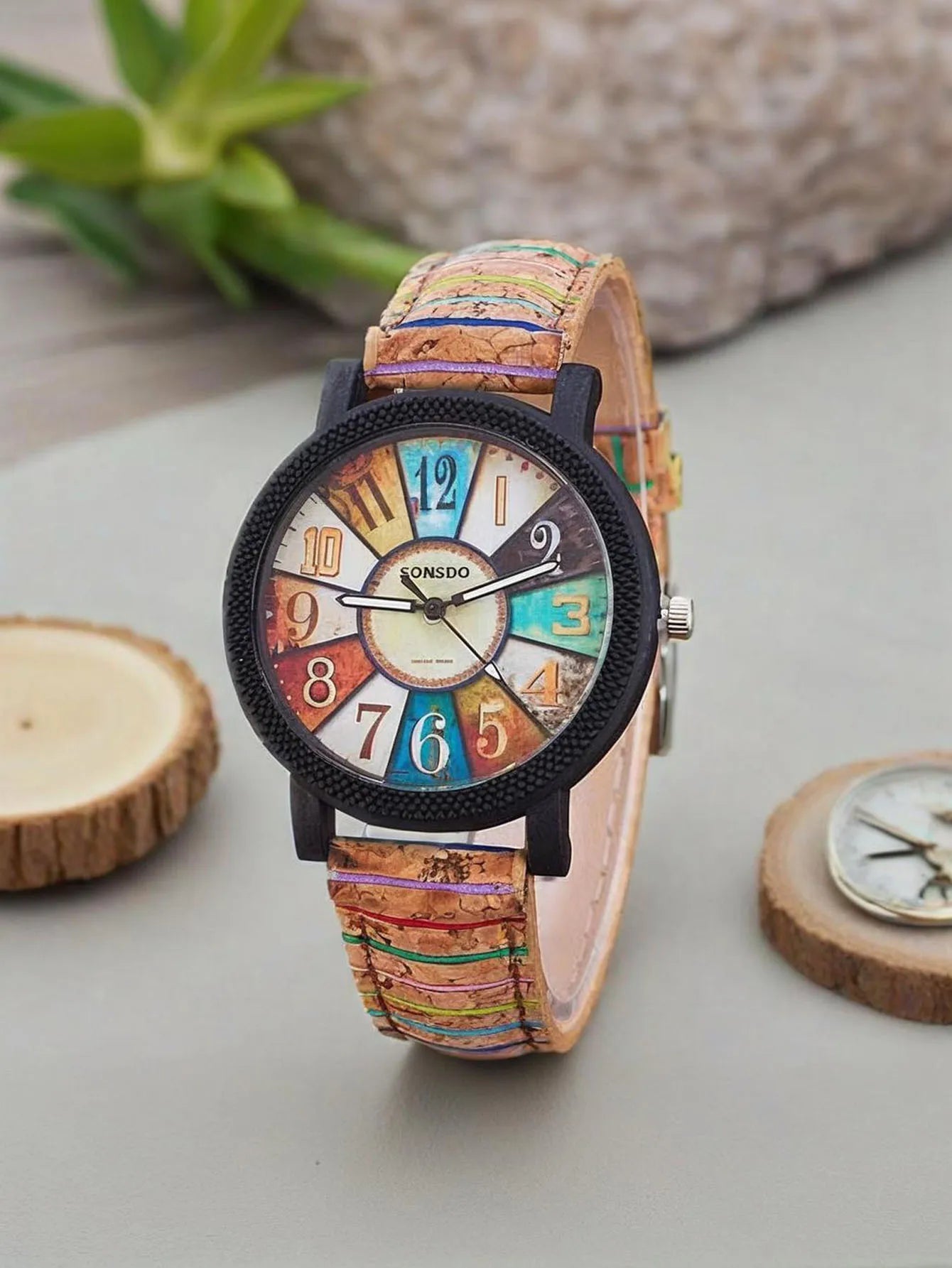 2-piece/set wood grain dial women's watch retro striped pattern leather watch tree strap student watch combination Qme