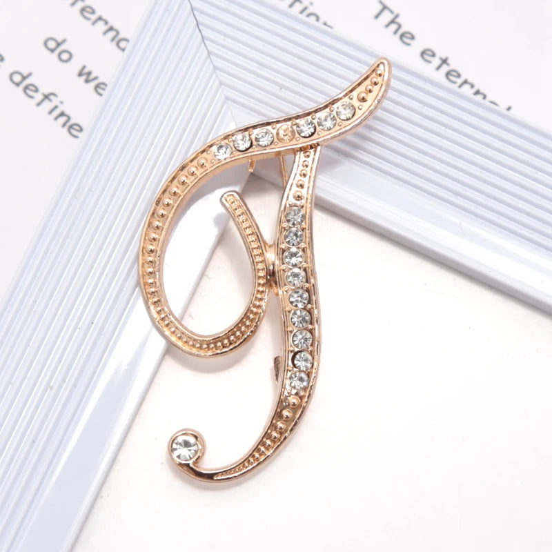 Women Luxury Letter Brooch Pins Gold Rhinestones Crystal English Qme T