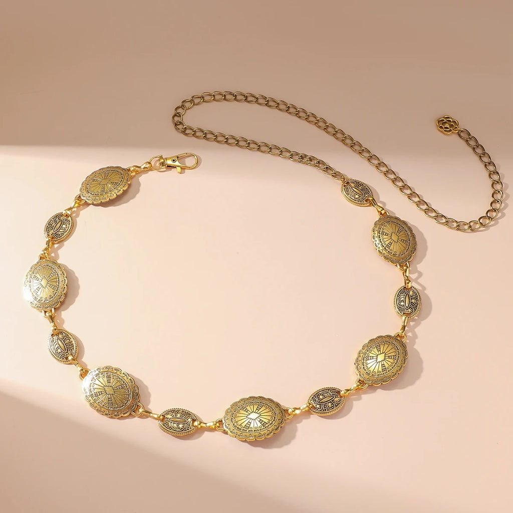 Vintage Oval Craved Metal Waist Chain for Women Retro Style Exquisite Gold Color Plated Belt Chains Fashion Body Jewelry Gifts Qme Gold Color