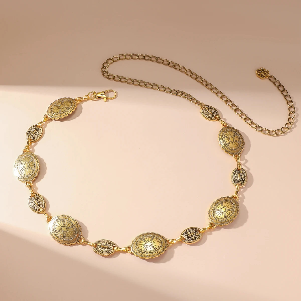 Vintage Oval Craved Metal Waist Chain for Women Retro Style Exquisite Gold Color Plated Belt Chains Fashion Body Jewelry Gifts Qme Gold Color