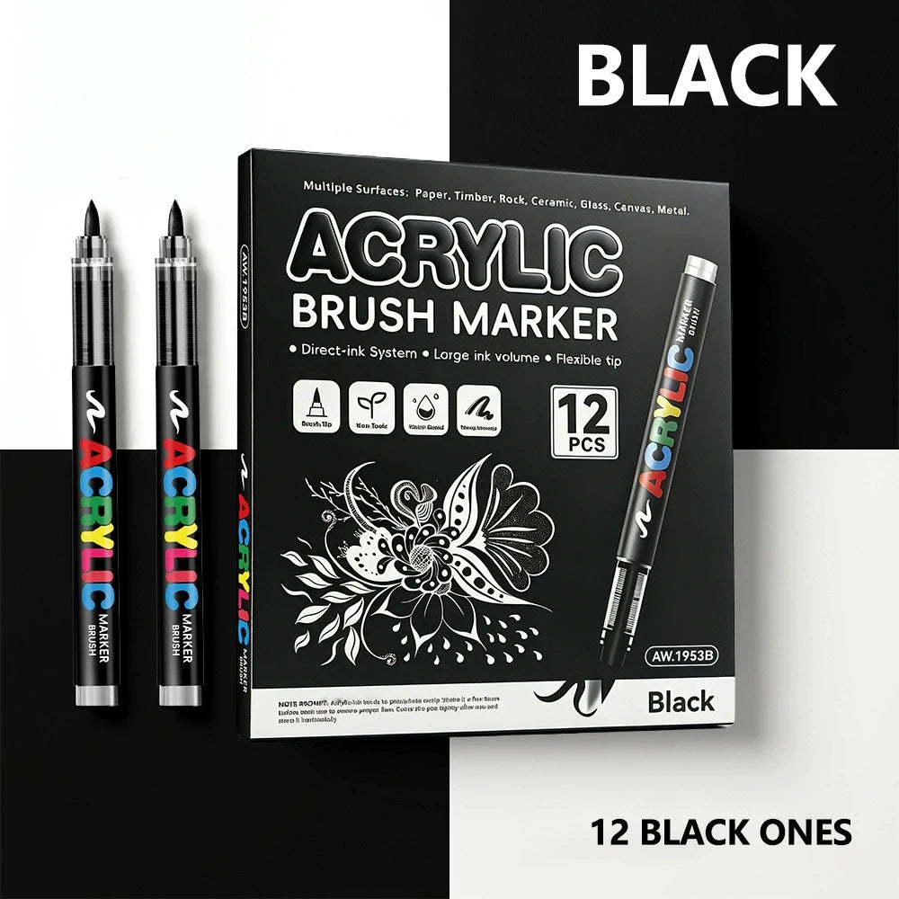 12 Colors Acrylic Paint Pen Set Black/White/Gold/Silver Acrylic Highlights Markers Brush Tip Markers for Wood Rock Painting Gift Qme 12 black