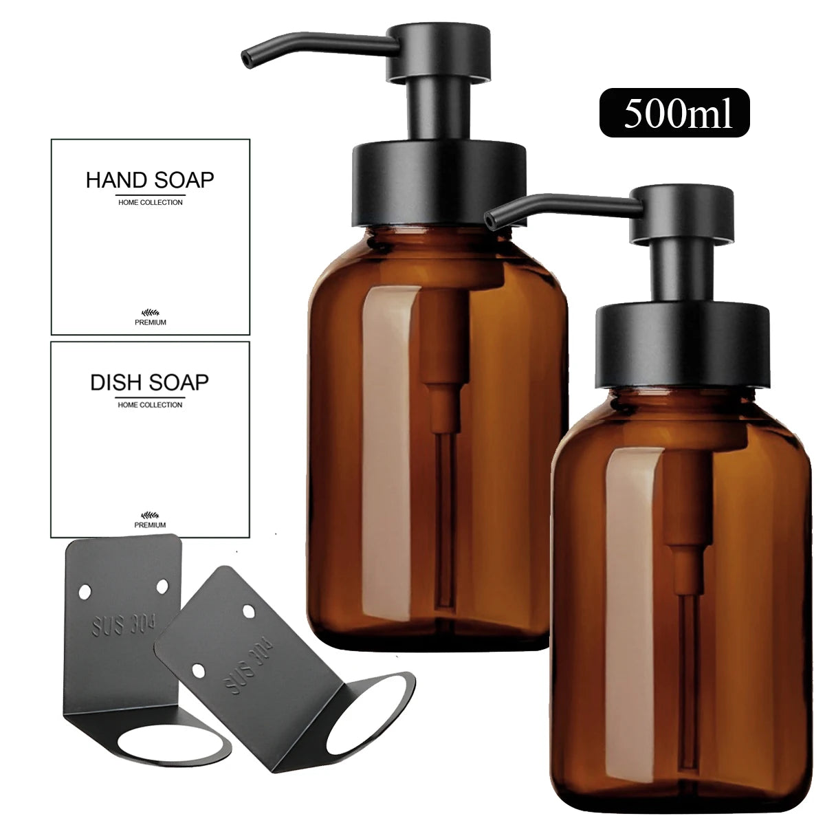 2PCS Wall Hanging Hand Soap Dispenser with Dish Soap Bottle Set Hand Foaming Dispenser with Hanger, Kitchen/Bathroom Bottles Qme 500ml set
