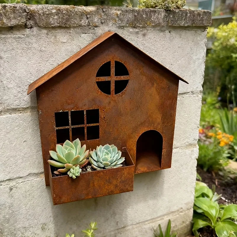 Rustic Metal House Planter Pot for Succulent Vintage Farmhouse Garden Decor Flower Decor Outdoor Patio Porch Yard Art Qme