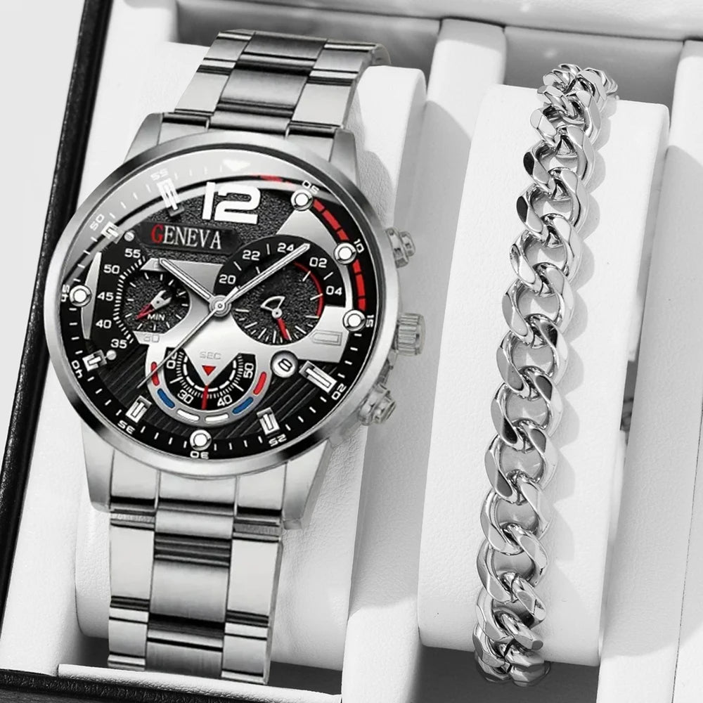 2PCS/SET Fashion Men's Watch Business Trend Versatile Quartz Watch Bracelet Set is The Perfect Gift Set For Friends or Fathers Qme